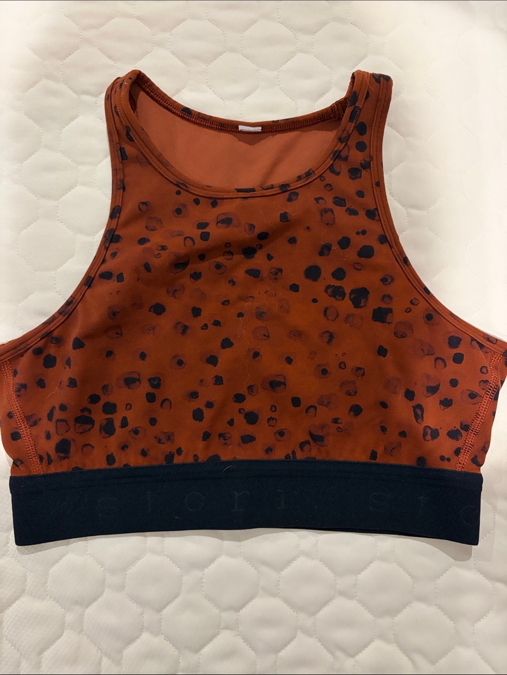 Rust Leopard Print High-Neck Sports Bra with Black Band